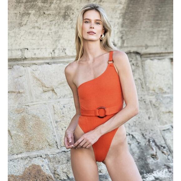 Womens Orange Belted Swimsuit Ring One Shoulder Ribbed Knit Bright One Piece M/L - Picture 1 of 10